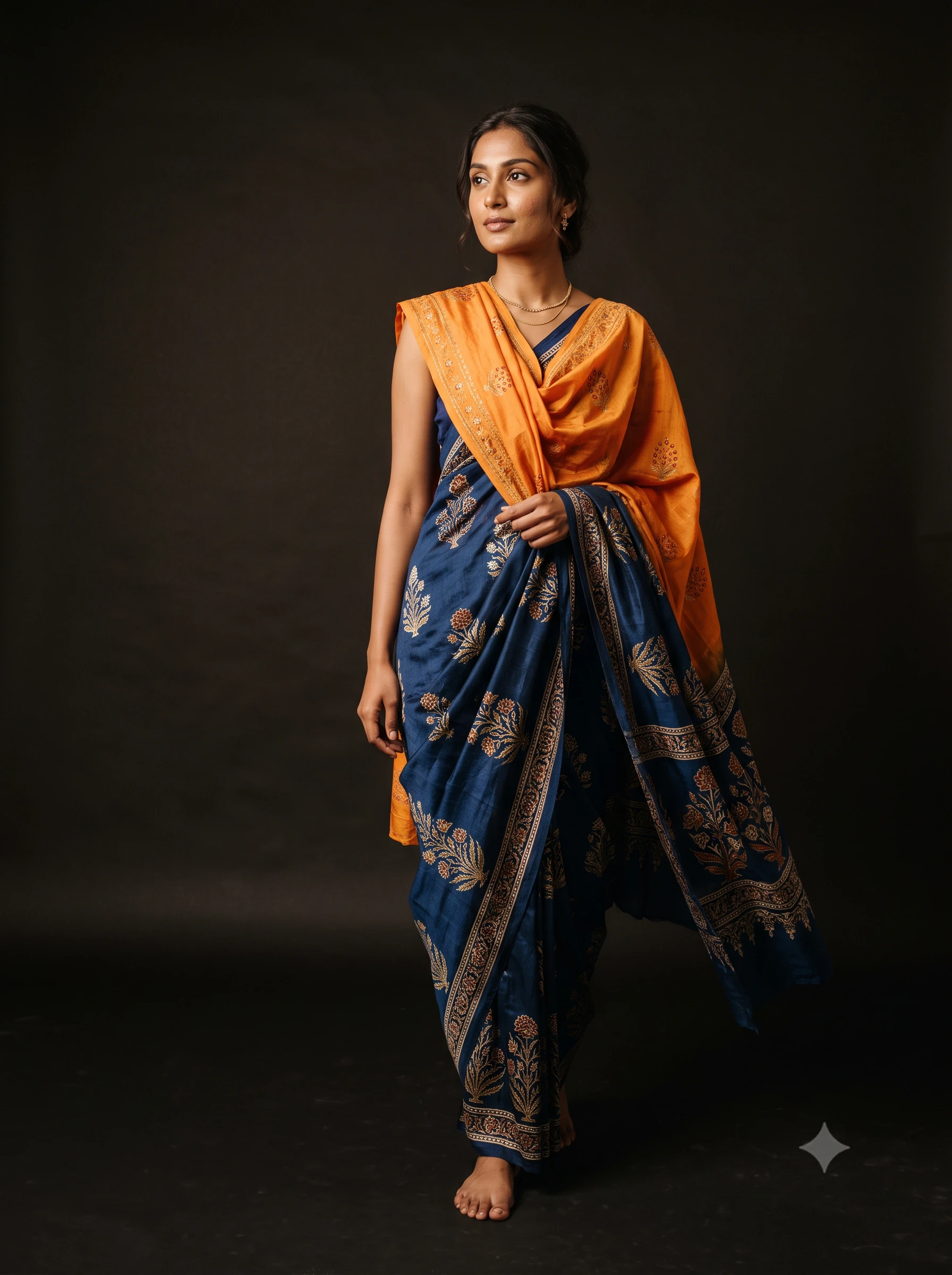Our indigo block-print fabric, shown draped on the body