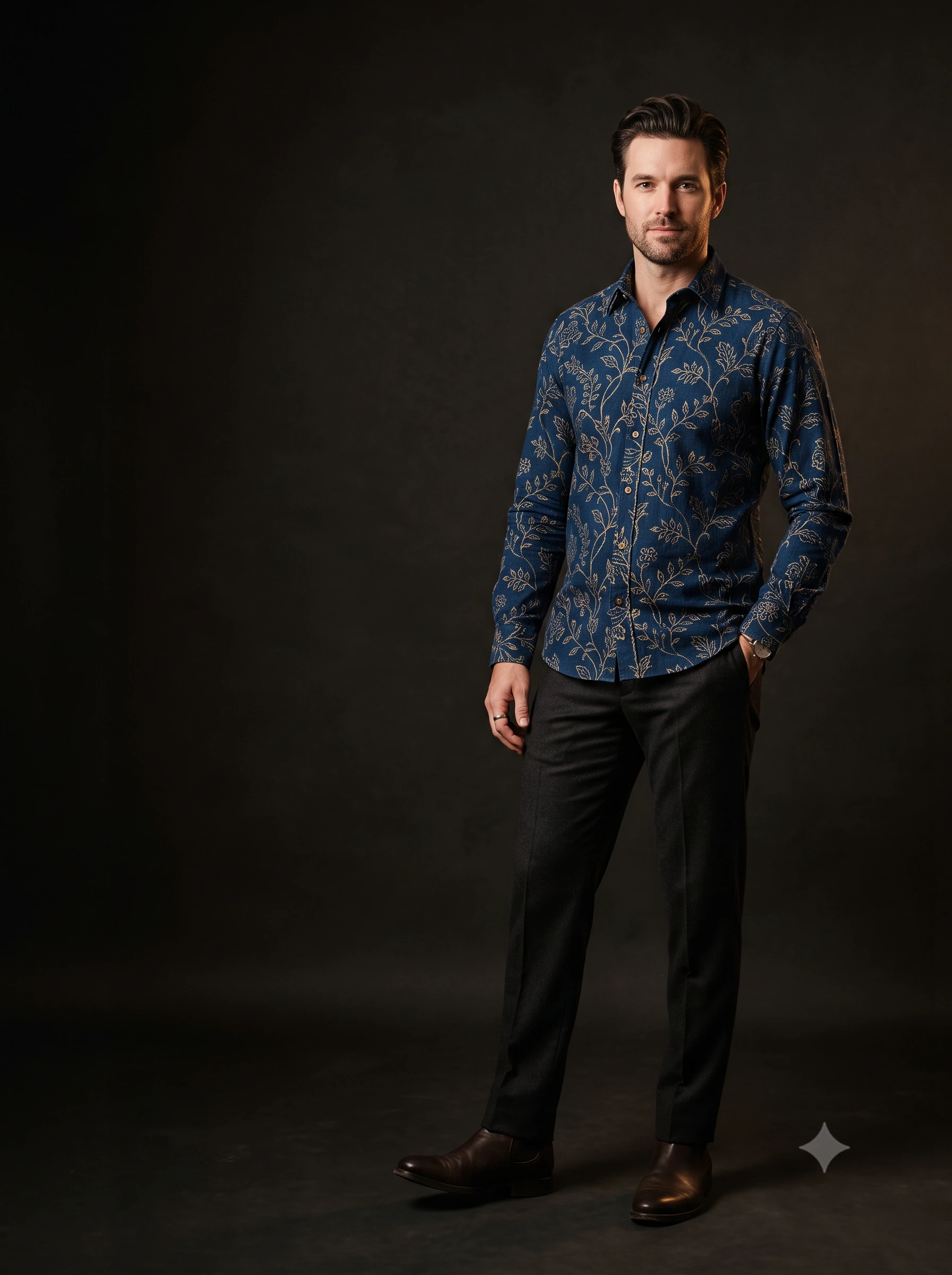 Indigo Block — our cloth, shown worn