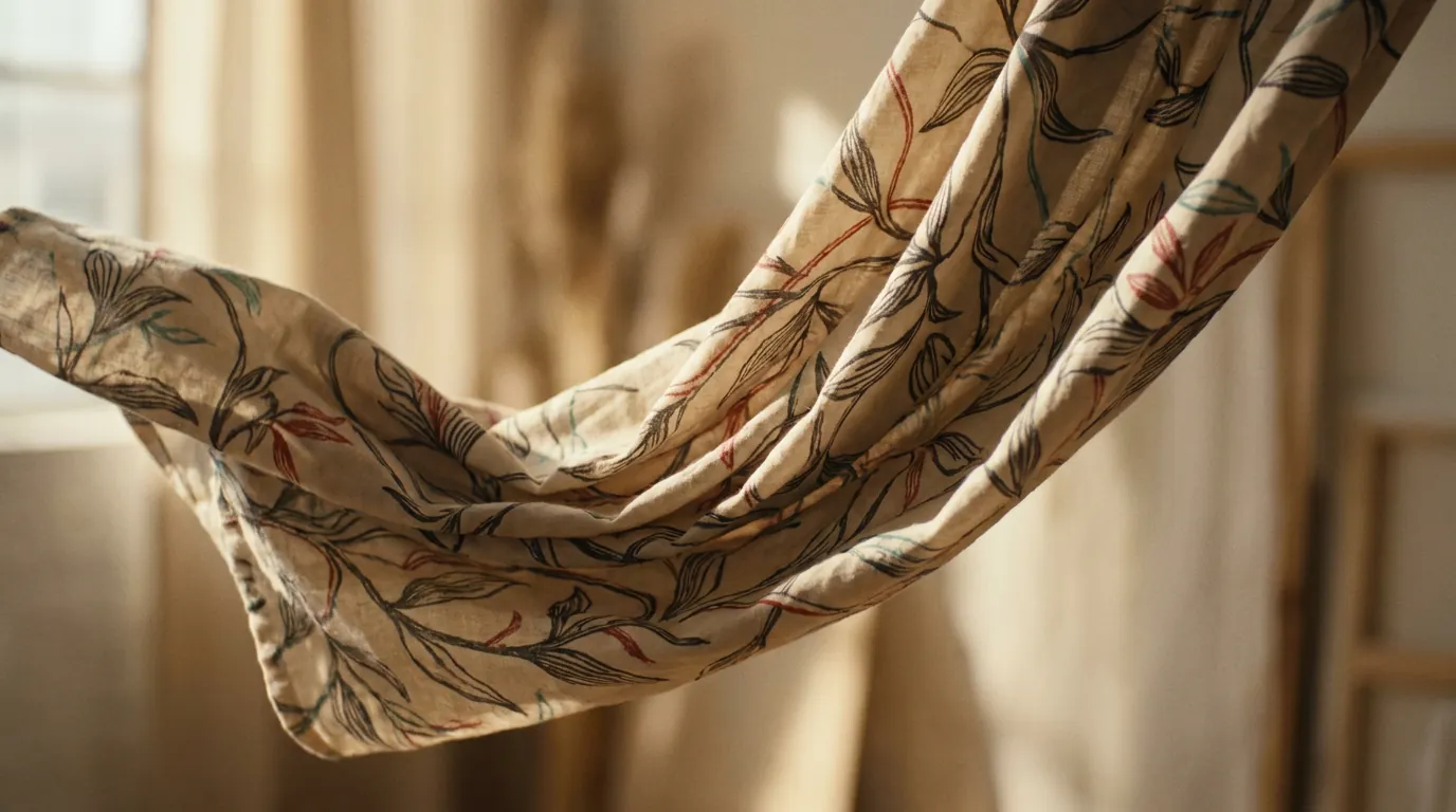 A length of freshly printed floral fabric falling in soft folds in warm daylight