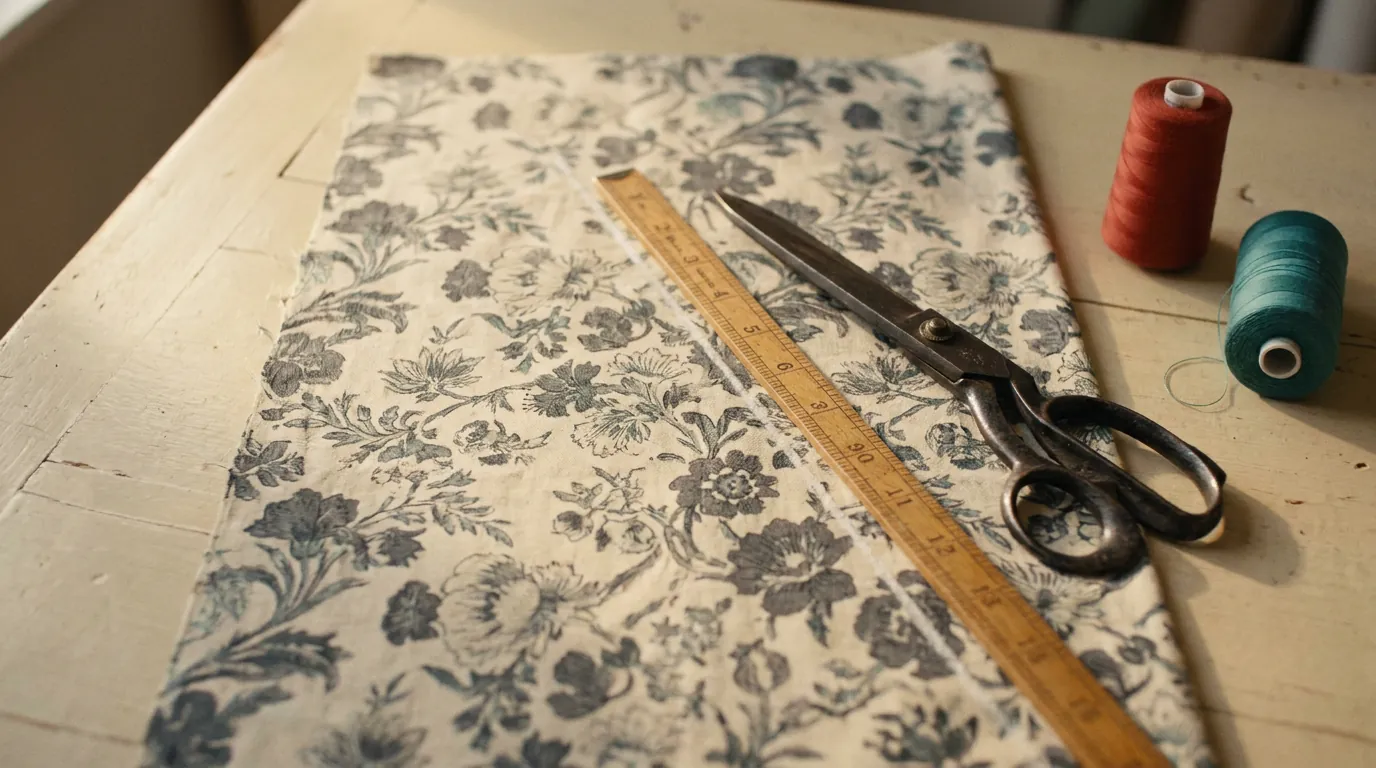 Printed floral fabric on a worktable with a wooden metre rule and tailor's shears